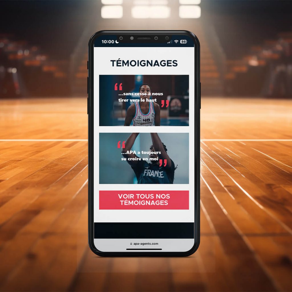 Création du logo, identité visuelle et conception du site internet d'APA Ambitious Players Agency, une agence de joueuses de baskets professionnelles, par l'agence de communication Shebam à Dinan en Bretagne